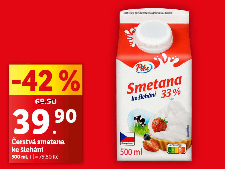 Slevová akce na smetanu Pils ke šlehání 33% tuku (500 ml).