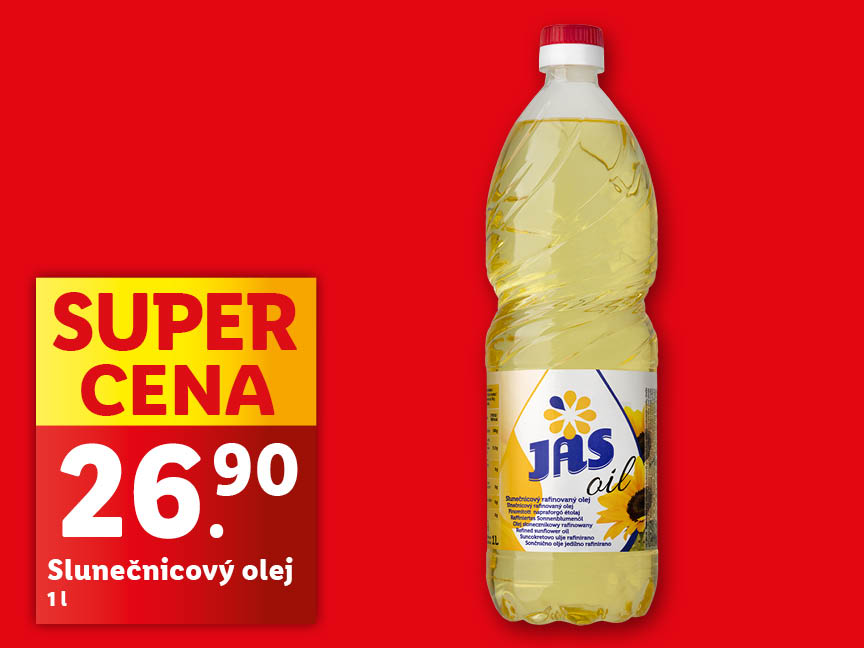 Láhev slunečnicového oleje JAS s cenovkou „SUPER CENA 26,90“.