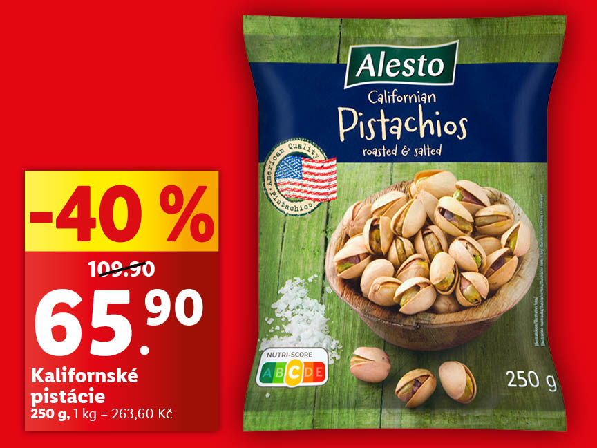 Sleva 40% na Alesto kalifornské pistácie, 250g balení za 65,90 Kč.