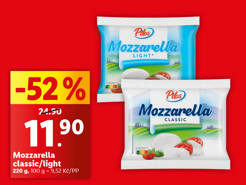 Sleva 52% na mozzarellu Pilos Classic a Light.
