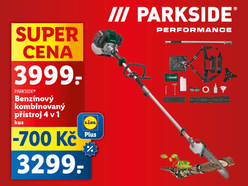 Sada zahradního nářadí Parkside Performance 4v1 za 3299 Kč.