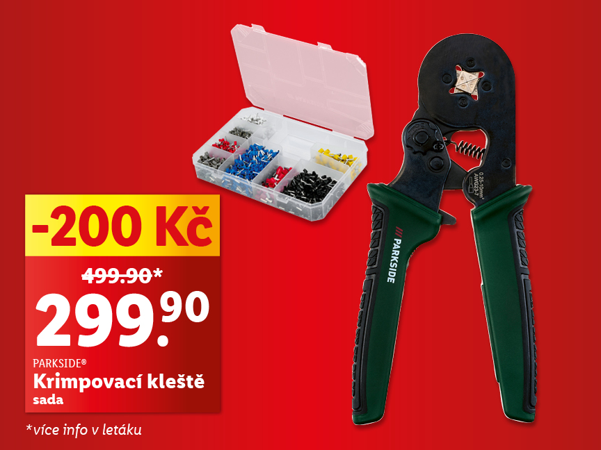 Sada krimpovacích kleští Parkside se sadou koncovek za 299,90 Kč.