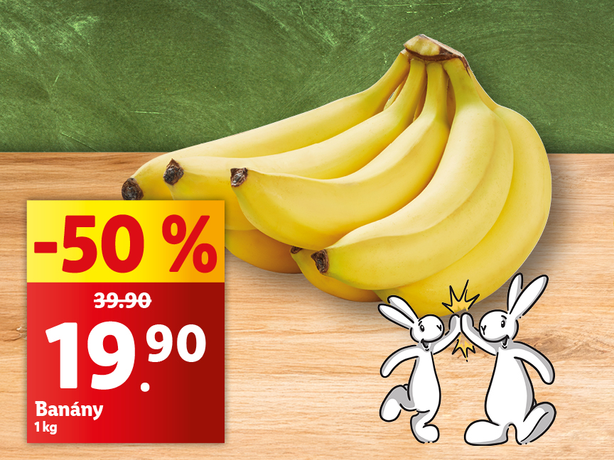 Akční nabídka banánů: 50% sleva, 1 kg za 19,90 Kč.