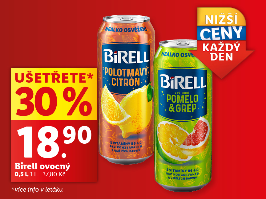 Akční nabídka na ovocné nápoje Birell s příchutěmi citron a pomelo & grep.