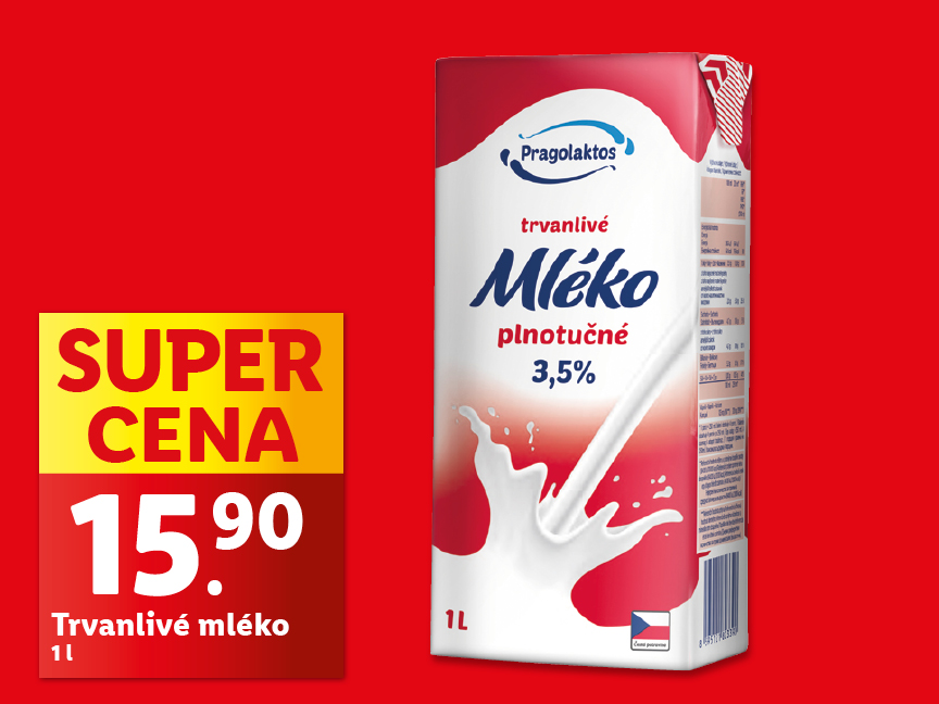 Pragolaktos trvanlivé plnotučné mléko 3,5% za super cenu 15,90 Kč.