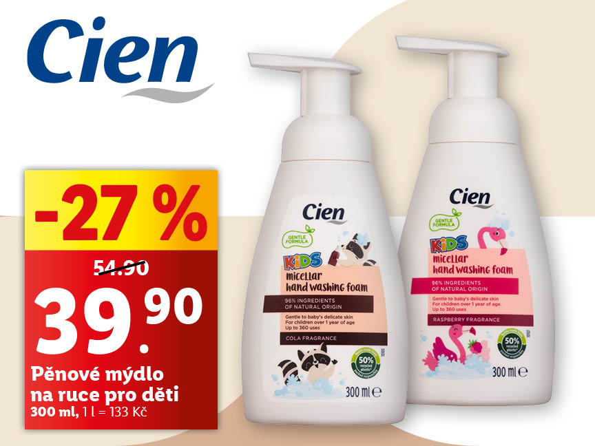 Pěnové mýdlo na ruce pro děti, 300 ml, 39,90 Kč. Cena za jeden litr je 133 Kč.