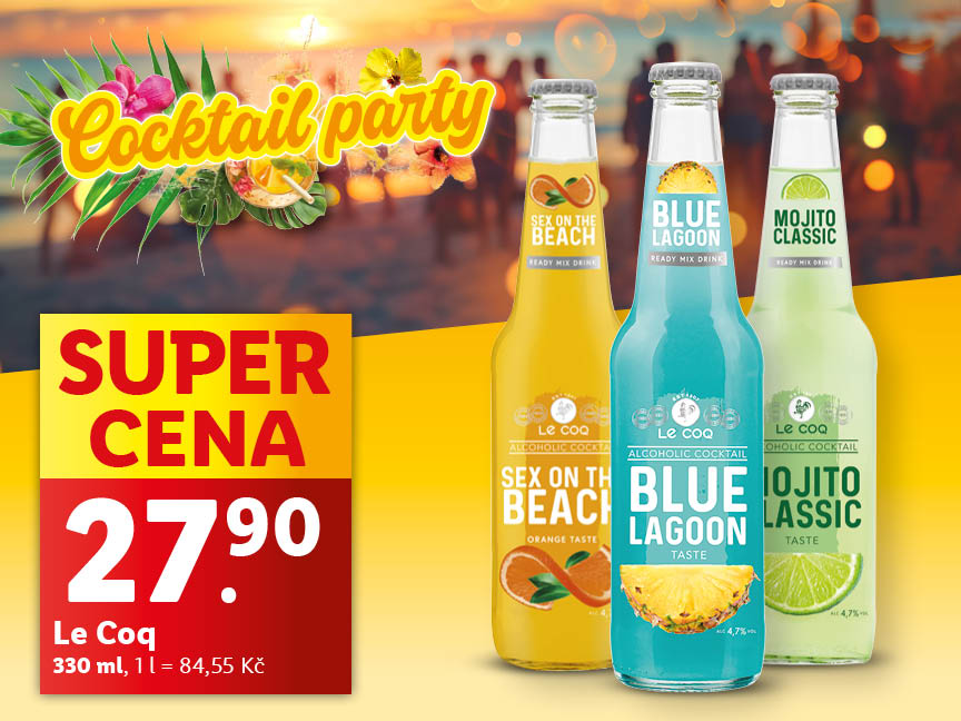 Letní koktejly Le Coq (Sex on the Beach, Blue Lagoon, Mojito Classic) v akci za 27,90 Kč.