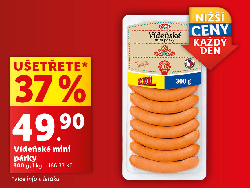 Vídeňské mini párky, 300 g za 49,90 Kč, cena za 1 kg je 166,33 Kč