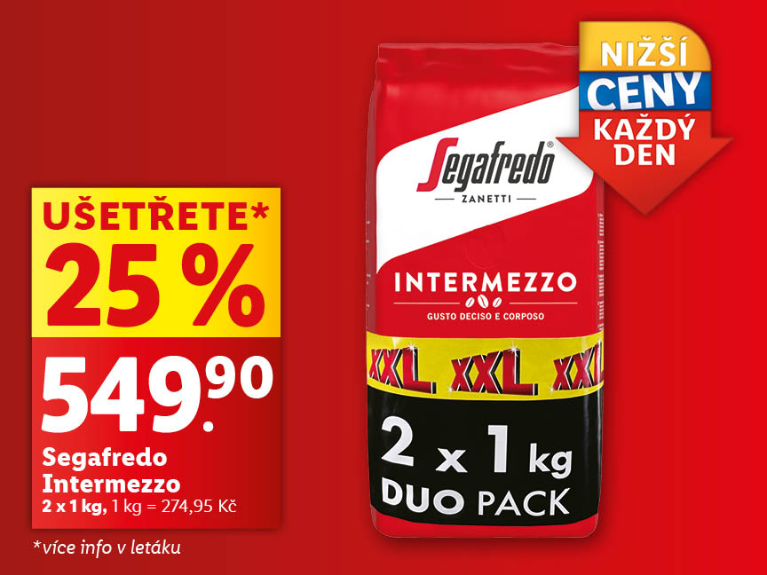 Segafredo Intermezzo káva, duo balení 2x1kg, sleva 25%, cena 549,90 Kč.