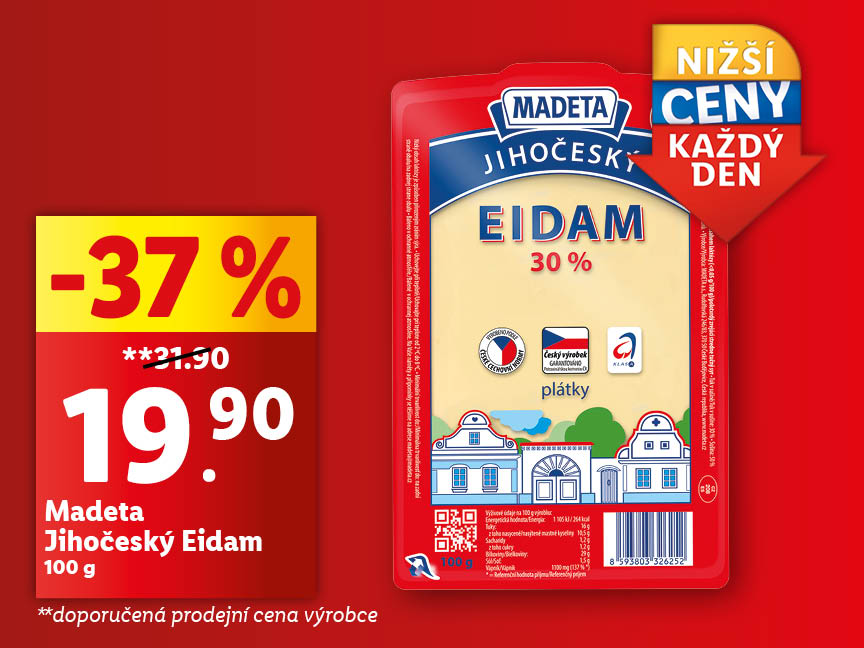 Slevová akce na sýr Madeta Jihočeský Eidam 30%.