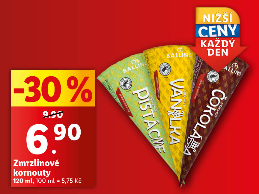 Reklama na zmrzlinové kornouty Ballino s příchutěmi pistácie, vanilka a čokoláda, se slevou 30 %.