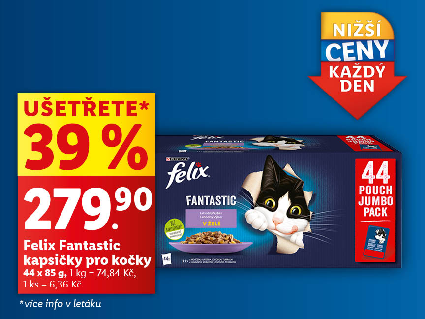 Felix Fantastic kapsičky pro kočky, 44 ks po 85 g, cena 279,90 Kč, cena za 1 ks 6,36 Kč