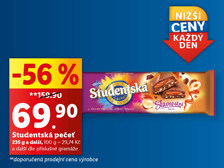 Orion Studentská pečeť chocolate bar, 56% off, now 69.90 Kč.