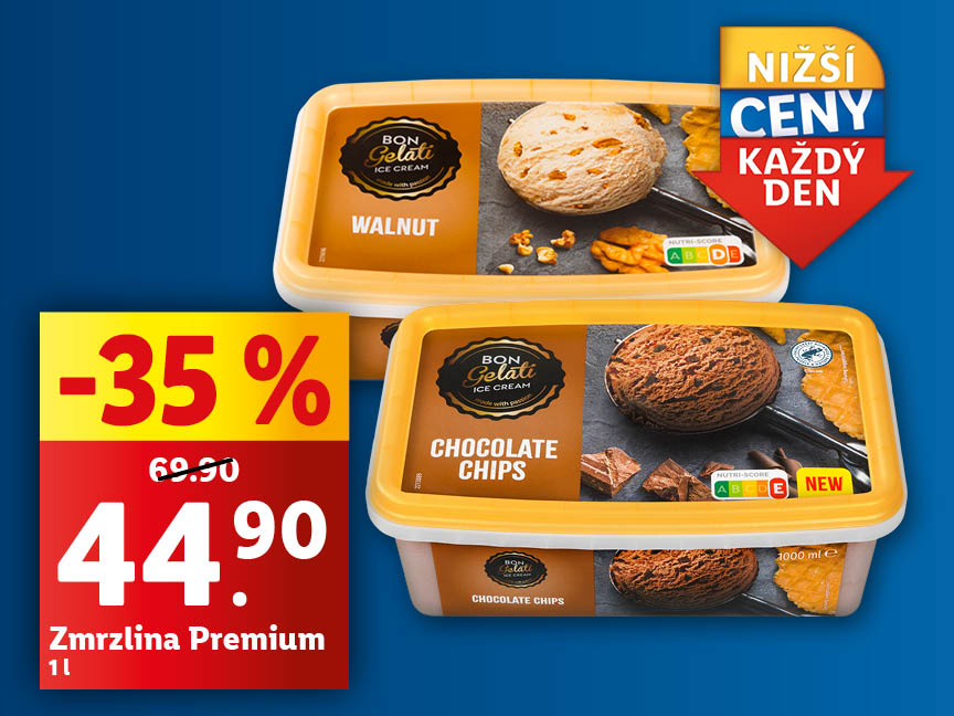 Dvě balení zmrzliny Bon Gelati (vlašský ořech a čokoládové lupínky) s cenovkou.