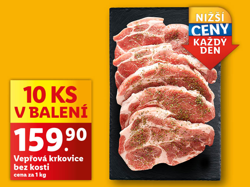 Vepřová krkovice bez kosti, cena za 1 kg je 159, 90 Kč