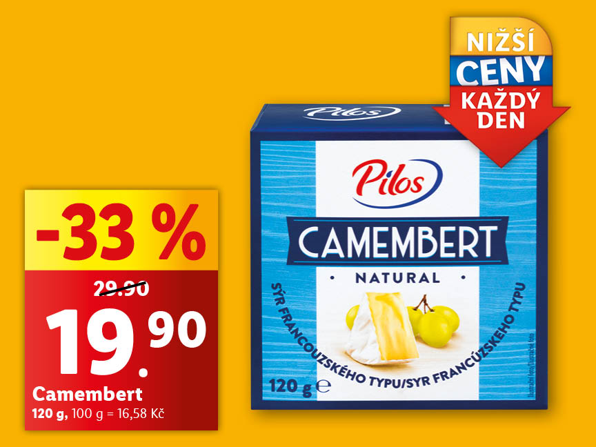 Sleva 33% na sýr Camembert Pilos (120g).
