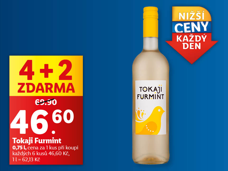 Tokaji Furmint víno v akci 4+2 zdarma za 46,60 Kč.