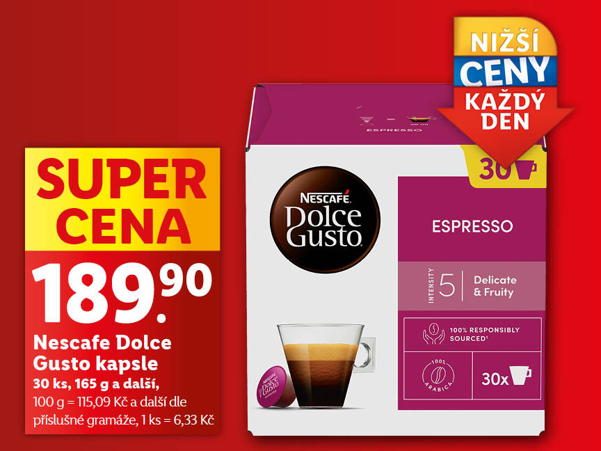 Nescafé Dolce Gusto Espresso kapsle, 30 ks, super cena 189,90 Kč.