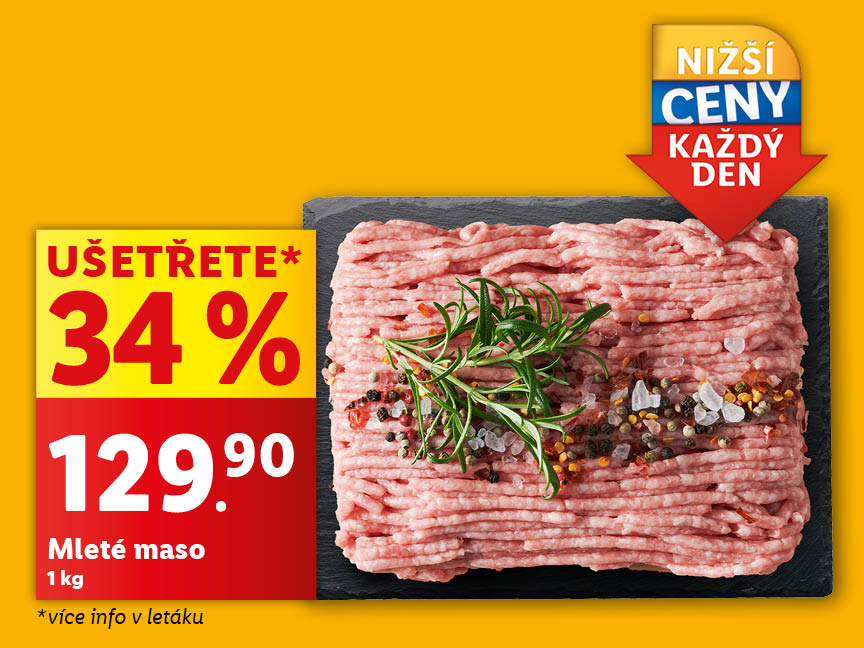 Mleté maso, cena za jeden kilogram je 129,90 Kč