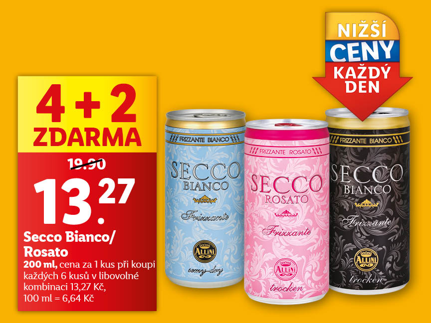 Nabídka Secco Bianco a Rosato v plechovkách od Allini s akční cenou 4+2 zdarma.