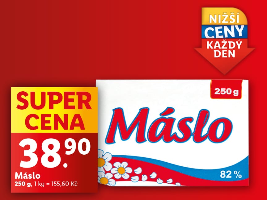 Akční nabídka másla 250g za 38,90 Kč.