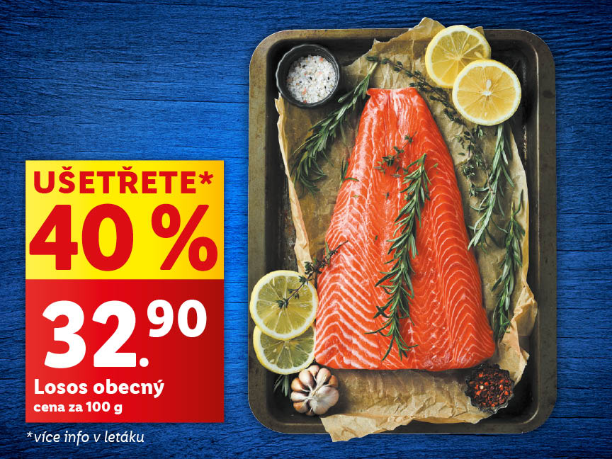 Losos obecný, cena za 100 g je 32,90 Kč