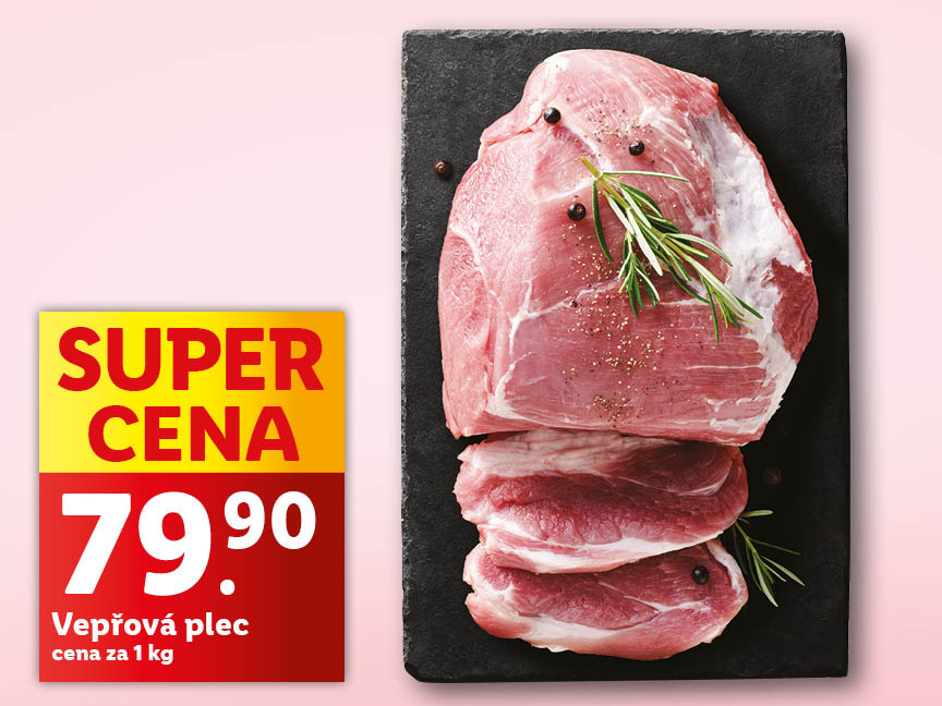 Vepřová plec, cena za 1 kg je 79,90 Kč