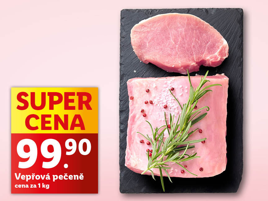 Vepřová pečeně, cena za 1 kg je 99,90 Kč