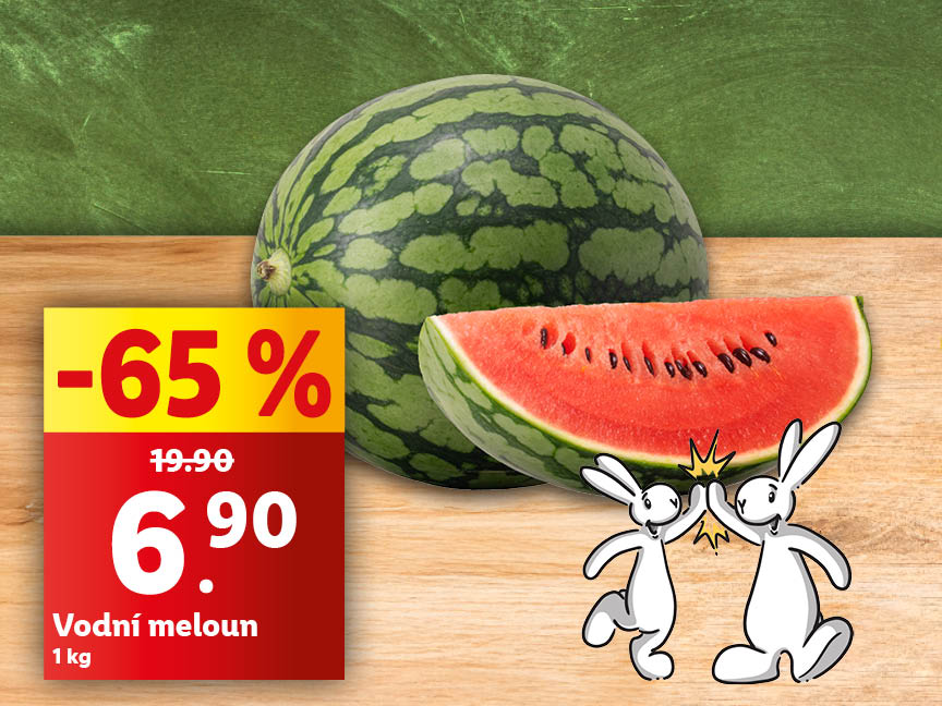 Akční nabídka na vodní meloun: 6,90 Kč/kg (-65%).