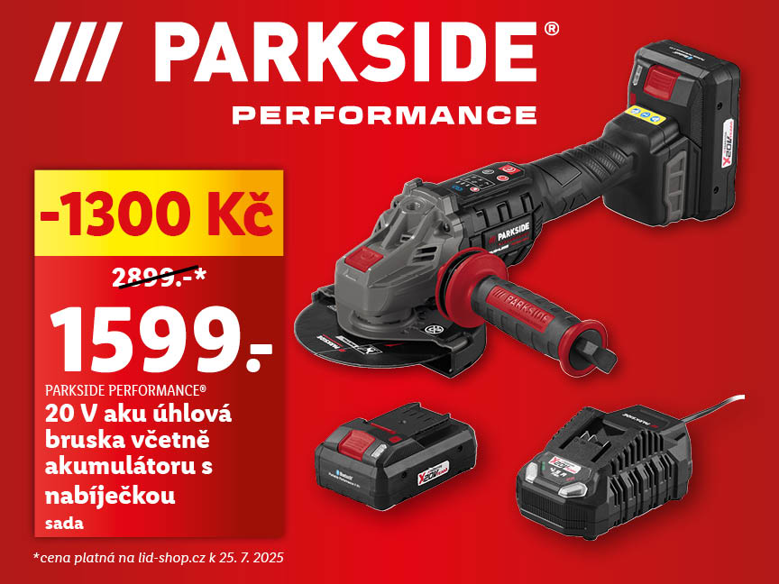 Akční nabídka Parkside Performance 20V aku úhlové brusky s akumulátorem a nabíječkou.