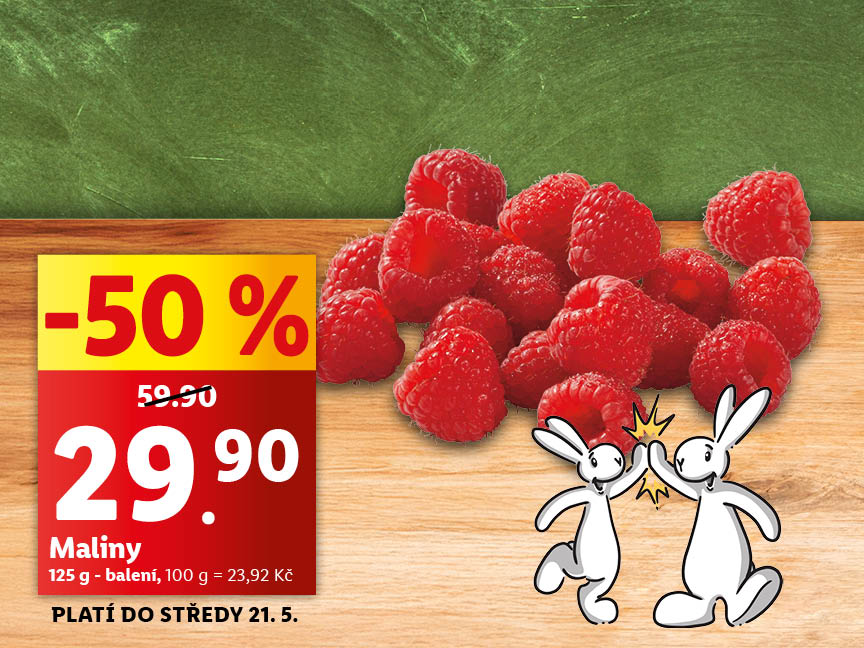 125gramové balení malin za 29,90 Kč. Původní cena 59,90 Kč.