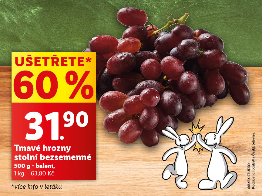 Akční nabídka: 60% sleva na tmavé bezsemenné hrozny (500g balení).