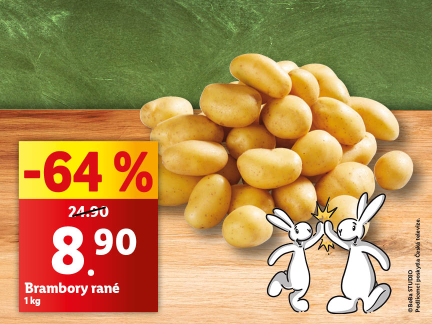 Hromada brambor s cenovkou -64 % a dvěma králíky dávajícími si high-five.