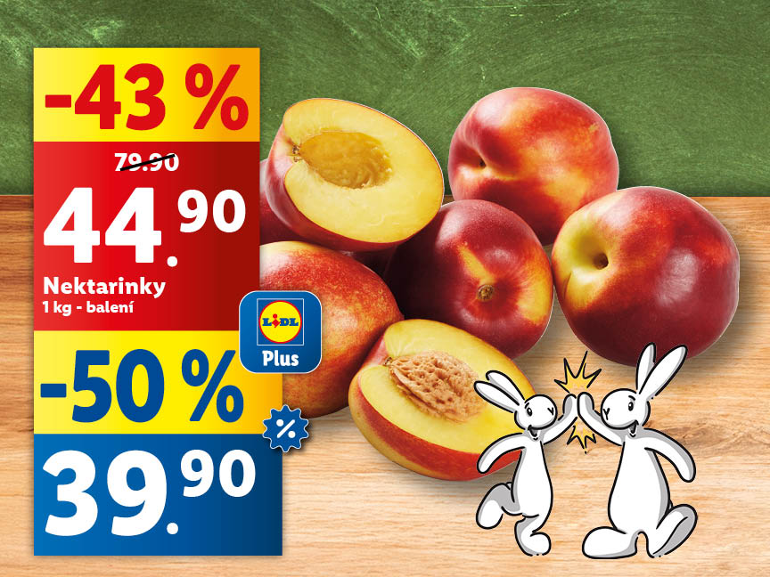 Akční nabídka Lidl Plus: nektarinky, -43% a -50% sleva.