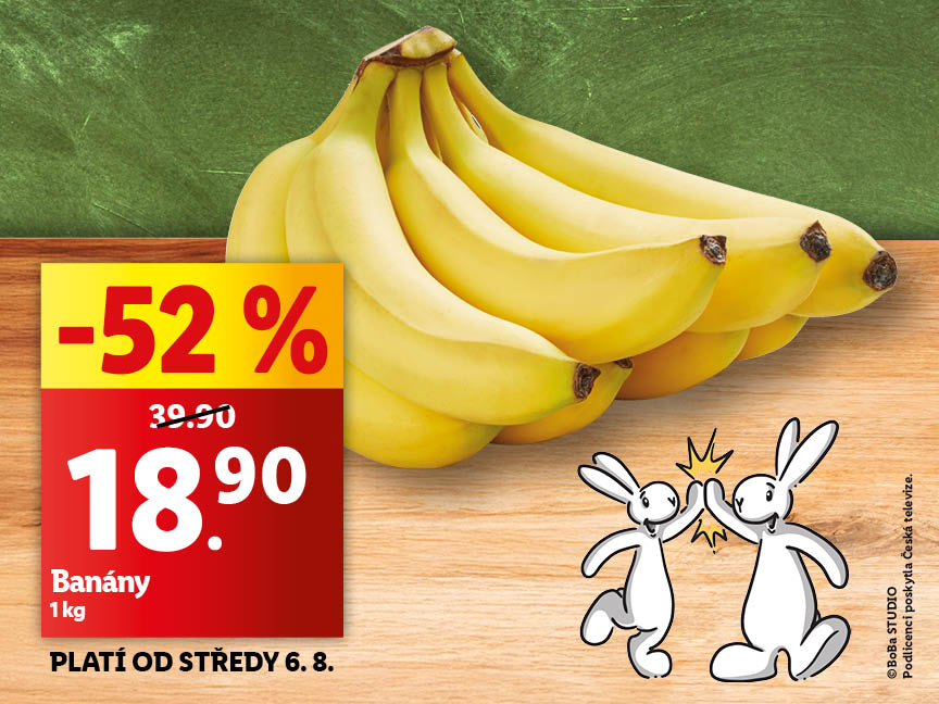 Sleva 52 % na banány, nyní za 18,90 Kč za 1 kg, platí od středy 6. 8.