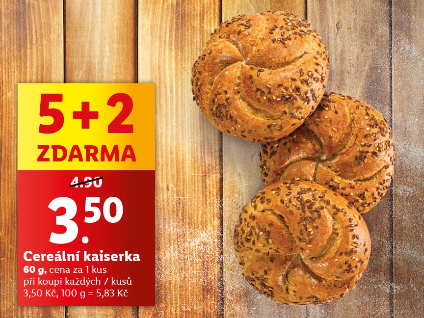 Tři cereální kaiserky s nabídkou 5+2 zdarma za 3,50 Kč.