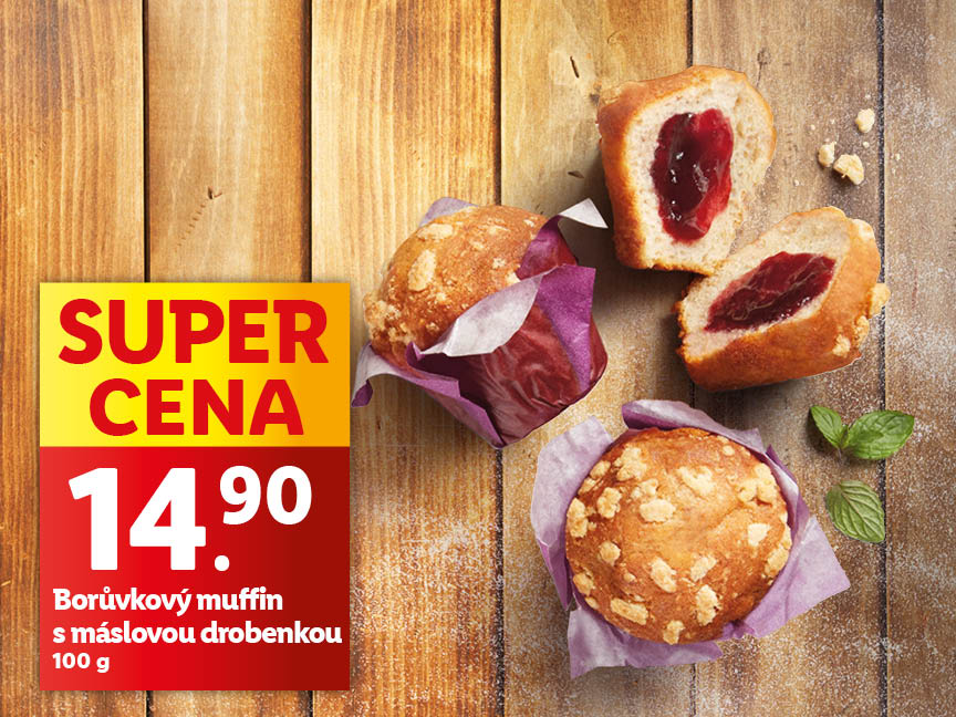 Borůvkový muffin s máslovou drobenkou, 100 g, cena za 1 ks je 14,90 Kč