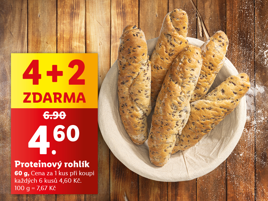 Akce na proteinové rohlíky: 4+2 zdarma za 4,60 Kč.
