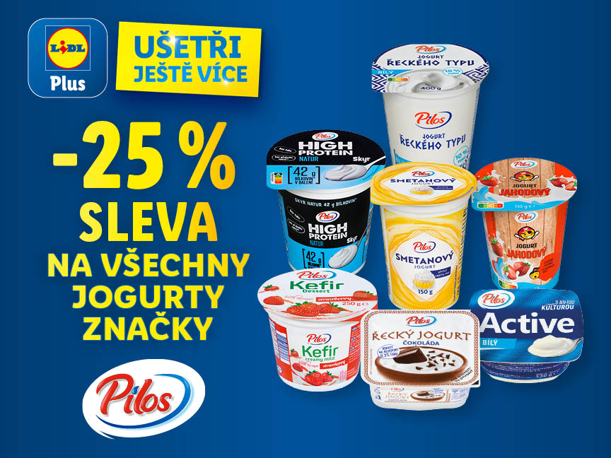 Sleva 25% na jogurty Pilos Lidl Plus.