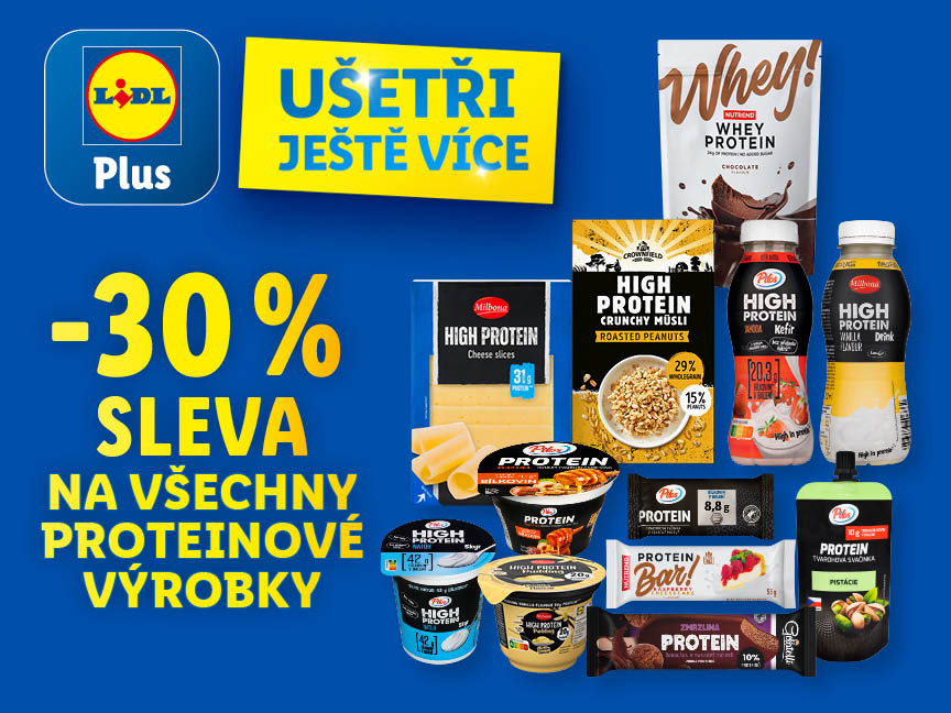 Lidl Plus nabízí slevu 30% na všechny proteinové výrobky, včetně značek Milbona, Nutrend a Pile.
