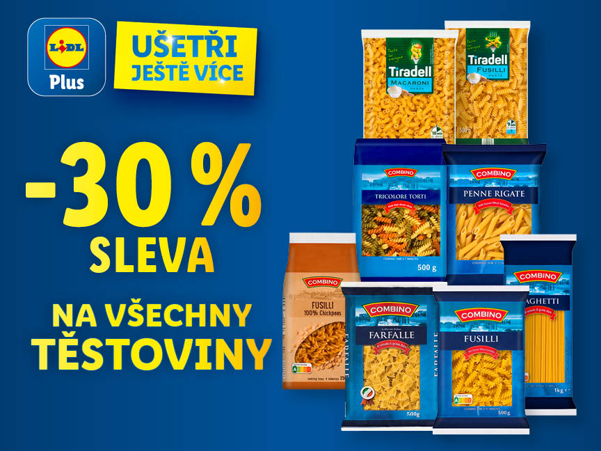 Nápis "30% sleva na všechny těstoviny", v druhé části obrázku je ukázka několika balení těstovin