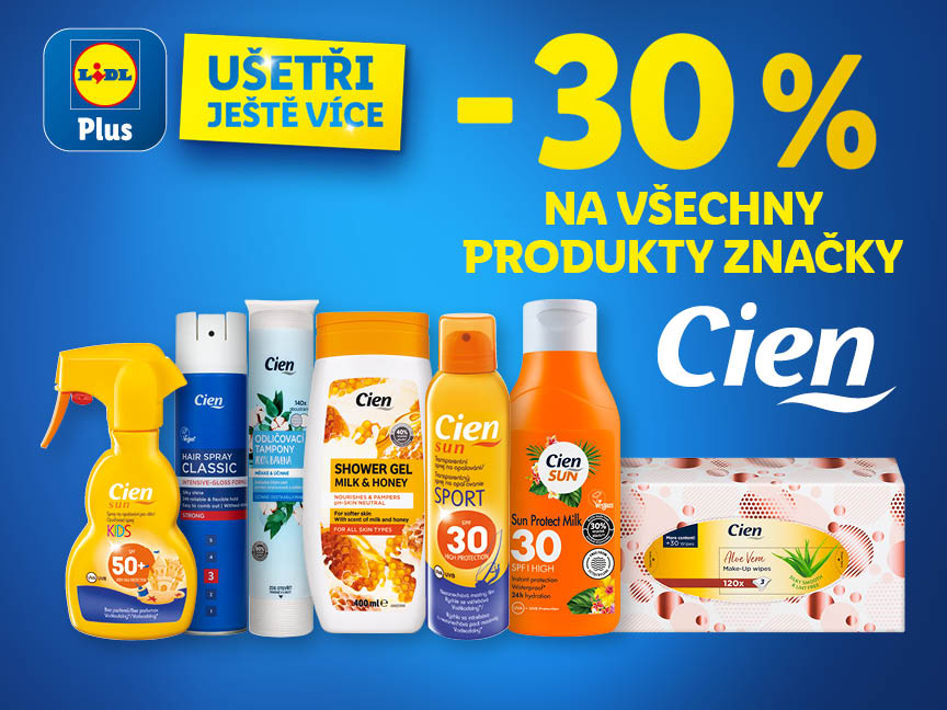 Na obrázku je v horní části nápis "-30% na všechny produkty značky Cien", ve spodní části je ukázka několika produktů této značky