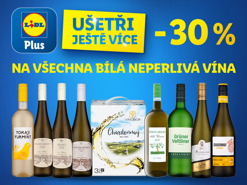 Sleva 30% na všechna bílá neperlivá vína Lidl Plus, včetně značek Chardonnay, Pinot Grigio a Grüner Veltliner.