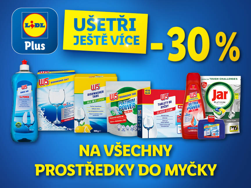 Reklama na mycí prostředky W5 a Jar s 30% slevou pro členy Lidl Plus.