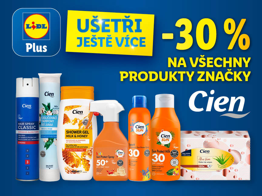 Lidl Plus nabízí slevu 30% na všechny produkty Cien, včetně opalovacích krémů, sprchového gelu a dalších.