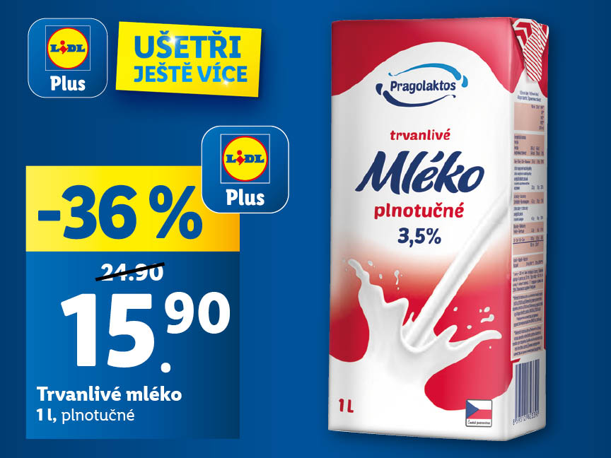 Trvanlivé mléko plnotučné, 1 litr za 15,90 Kč