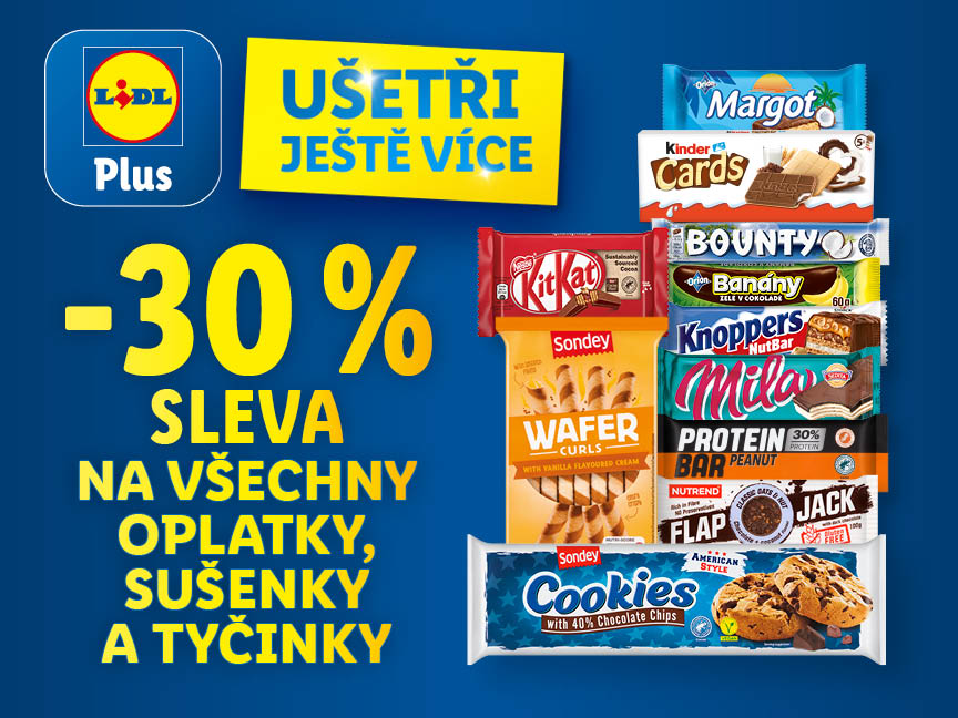 Sleva -30% na oplatky, sušenky a tyčinky Lidl Plus. Značky jako KitKat, Kinder Cards, Margot a další.