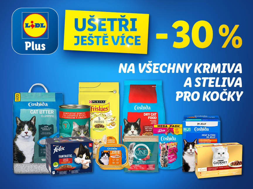 Lidl Plus nabízí slevu 30% na krmiva a steliva pro kočky značek Purina Friskies, Felix, Coshida.