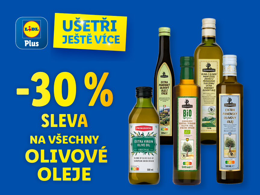 Sleva 30% na olivové oleje Primadonna v Lidlu.