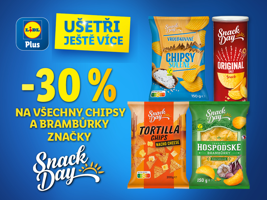 Sleva 30% na chipsy a brambůrky Snack Day od Lidlu.